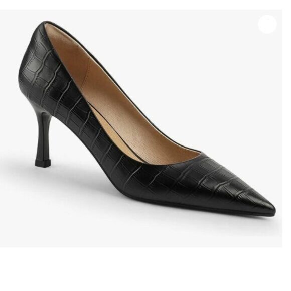 FOWT Simple Solid Croc-Embossed Pointed Toe Black Pumps for Women Black Shoes - Picture 1 of 8